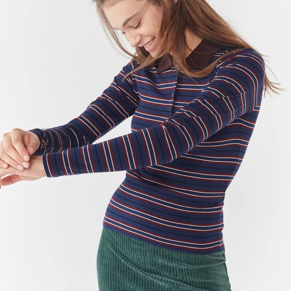 Urban Outfitters Y2K Ribbed Striped Long Sleeve Polo Shirt